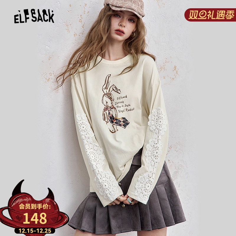 妖精的口袋蕾丝拼接印花长袖t恤女2025年早秋新款设计感休闲上衣
