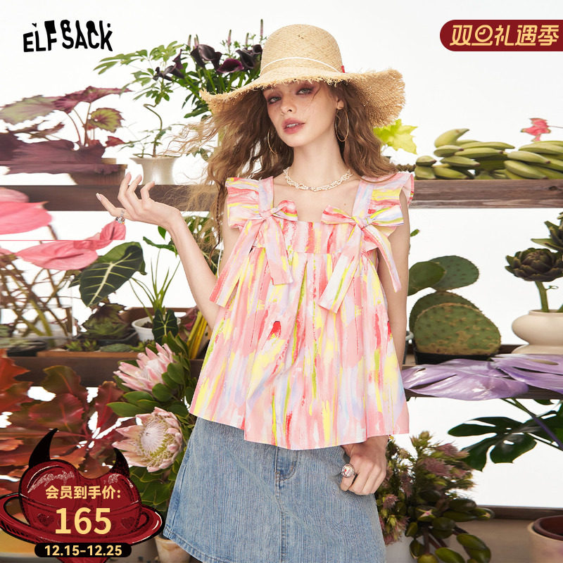 妖精的口袋蝴蝶结小飞袖油画衬衫女2025年夏季新款甜美法式小衫