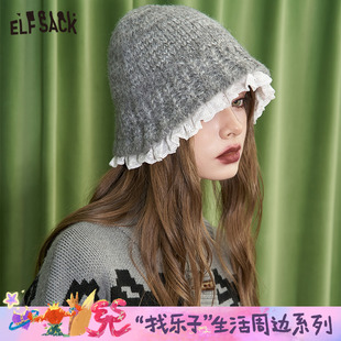 甜美毛线帽子 新款 妖精 口袋蕾丝花边灰色针织渔夫帽女2025年冬季