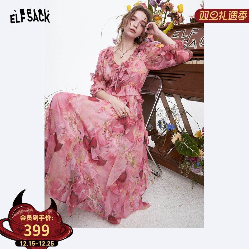 妖精的口袋法式v领碎花连衣裙女2025秋季新款收腰气质度假长裙子