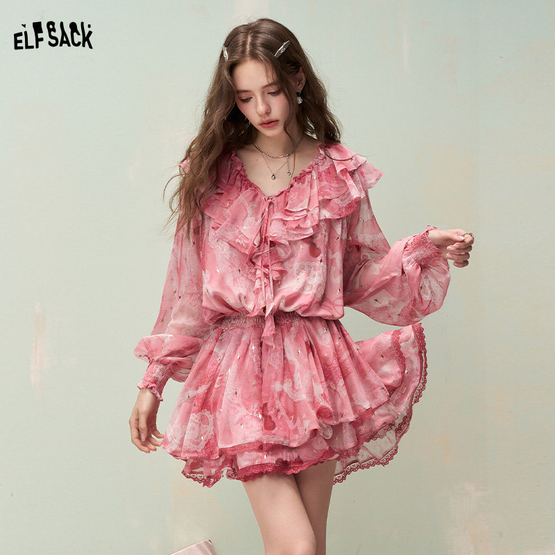 妖精的口袋原创满印重工烫金连衣裙女2026春夏新款度假风雪纺裙子