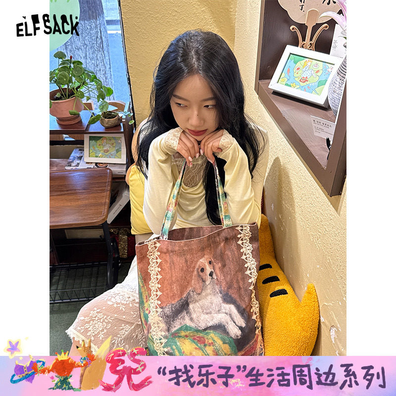 妖精的口袋原创萌宠满印单肩包2025年新款设计感大容量斜挎手提包