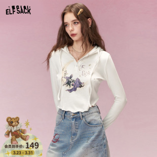 显瘦小众上衣 内搭修身 妖精 口袋白色印花连帽t恤女2026早春新款