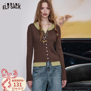 妖精的口袋假两件撞色针织衫女2026新款早春穿搭修身显瘦薄款上衣