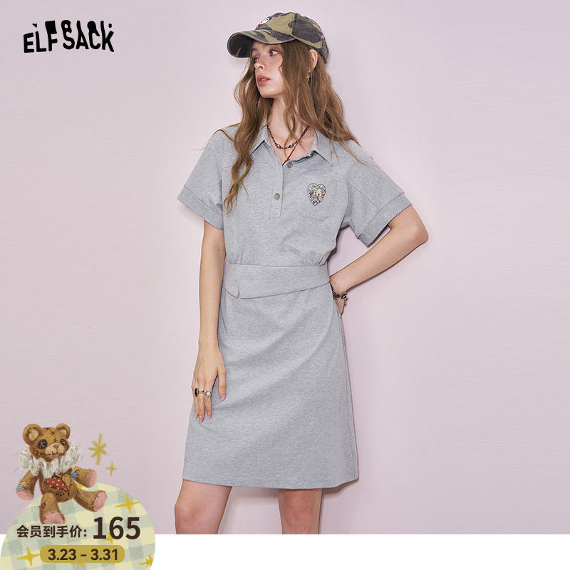 妖精的口袋原创印花灰色polo连衣裙女2026年夏季新款收腰显瘦