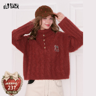 新款 宽松显瘦上衣 口袋复古绞花红色高领厚毛衣女2026年冬季 妖精