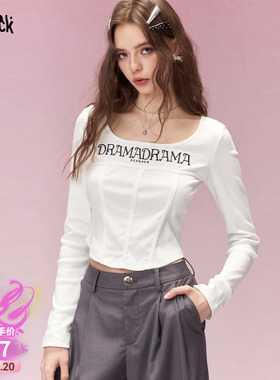 妖精的口袋白色U领字母修身长袖t恤女2026年早春新款短款内搭上衣