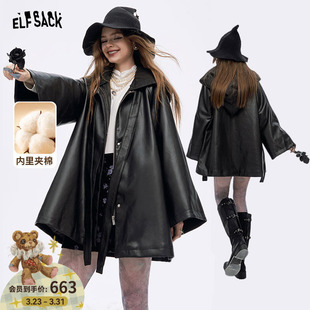 妖精 防风保暖甜酷棉服 口袋黑色斗篷夹棉皮衣外套女2026冬新款