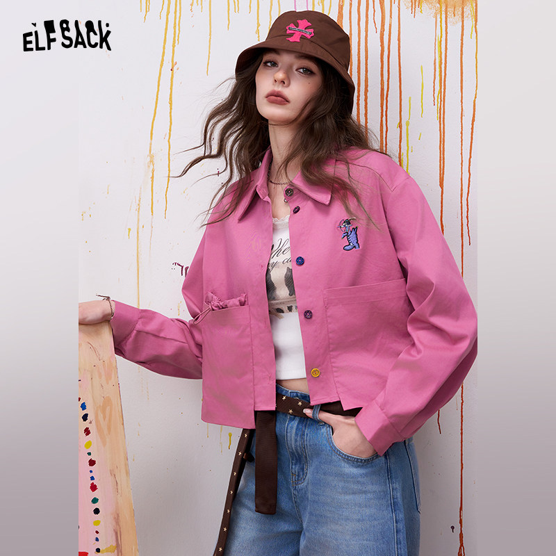 妖精的口袋鬼马卡通刺绣工装衬衫女2026春夏新款小个子短款外套