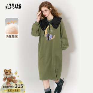 宽松显瘦直筒卫衣裙 新款 妖精 口袋魔女印花绿色连衣裙女2026冬季