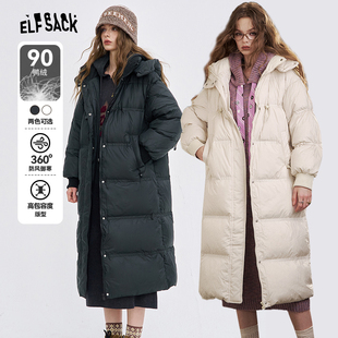 口袋黑色亮面连帽长款 妖精 羽绒服女2025年秋冬新 蜜蜂欢乐社