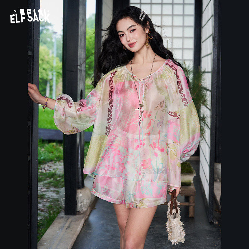 妖精的口袋满印雪纺衫短裤两件套装女2026夏季新款设计感度假穿搭