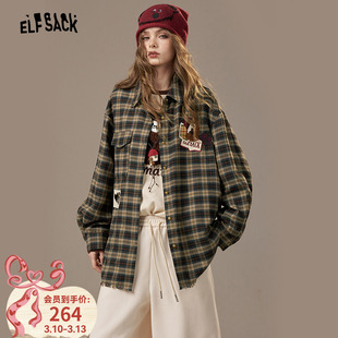 妖精的口袋复古趣味刺绣格子衬衫女2026年秋冬新款长袖衬衣外套
