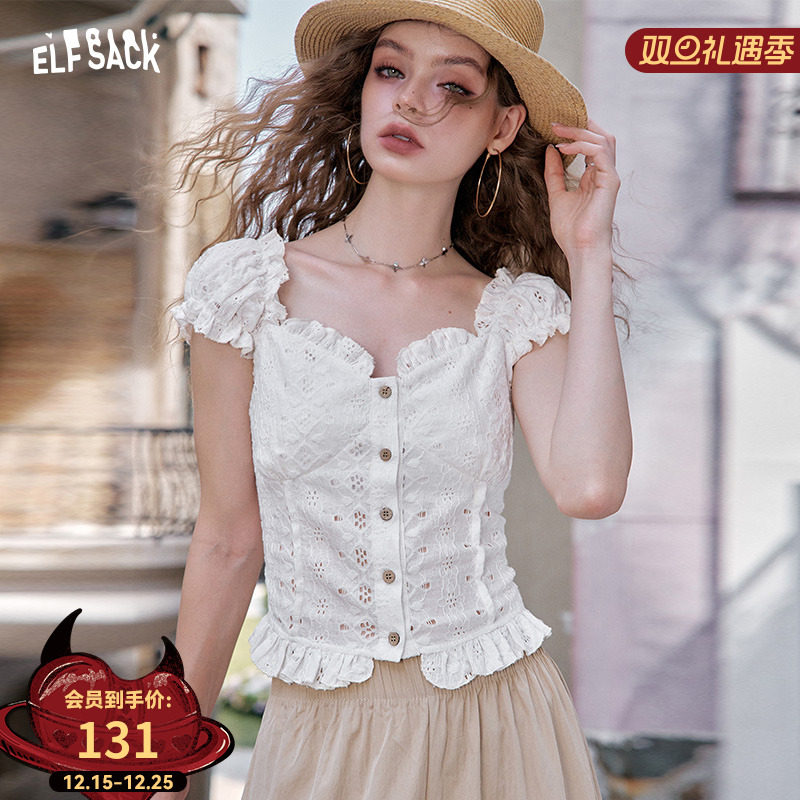 妖精的口袋白色镂空泡泡袖蕾丝衫女2025夏季新款法式甜美气质上衣