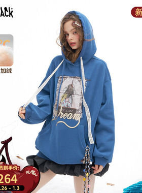 妖精的口袋蓝色印花连帽加绒短款卫衣女2025冬新款慵懒风宽松上衣
