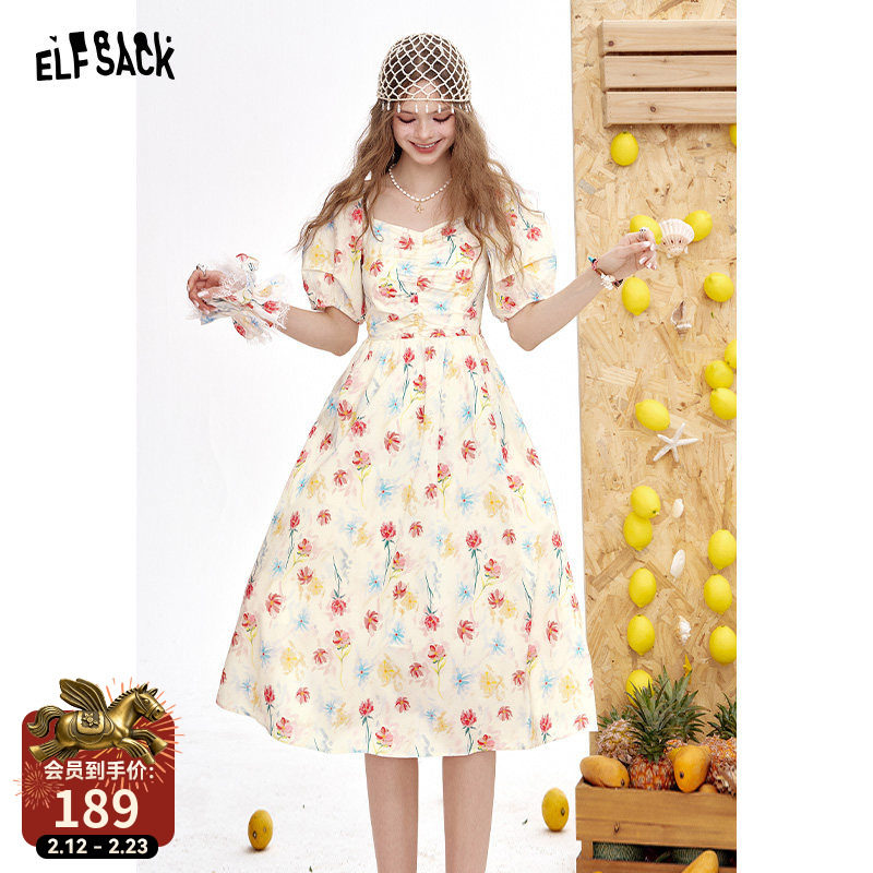 妖精的口袋泡泡袖碎花收腰连衣裙女2025年夏季新款甜美法式长裙子