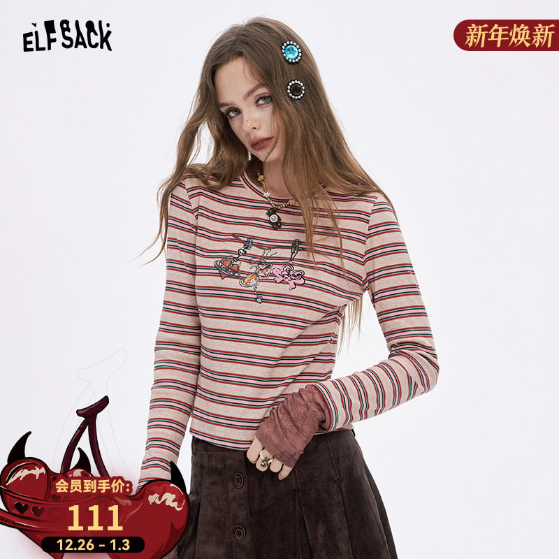 妖精的口袋趣味印花长袖t恤女2025冬新款新年战袍打底衫红色上衣