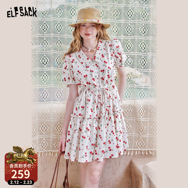 妖精的口袋樱桃印花收腰连衣裙女2025年夏季新款甜美气质短款裙子