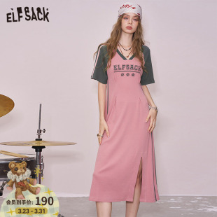 侧开叉显瘦t恤裙 新款 妖精 口袋字母印花撞色连衣裙女2026年夏季