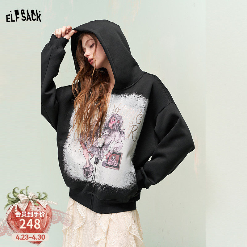 妖精的口袋原创插画满印黑色连帽外套女2026早春新款宽松卫衣外套