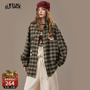 妖精的口袋复古趣味刺绣格子衬衫女2025年秋冬新款长袖衬衣外套