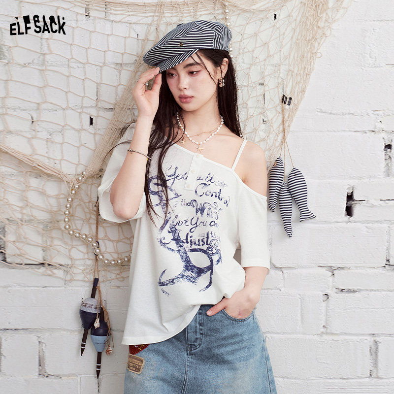 妖精的口袋白色印花露肩短袖t恤女2026年夏季新款设计感小众上衣