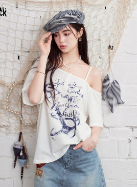 妖精的口袋白色印花露肩短袖t恤女2026年夏季新款设计感小众上衣
