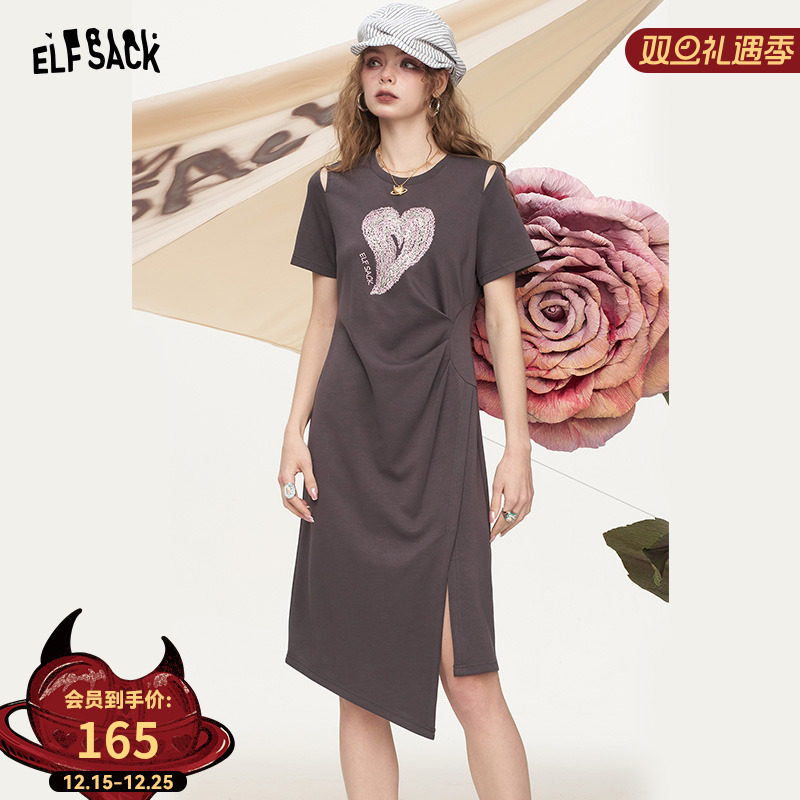 妖精的口袋爱心褶皱短袖t恤连衣裙女2025年夏季新款宽松休闲裙子