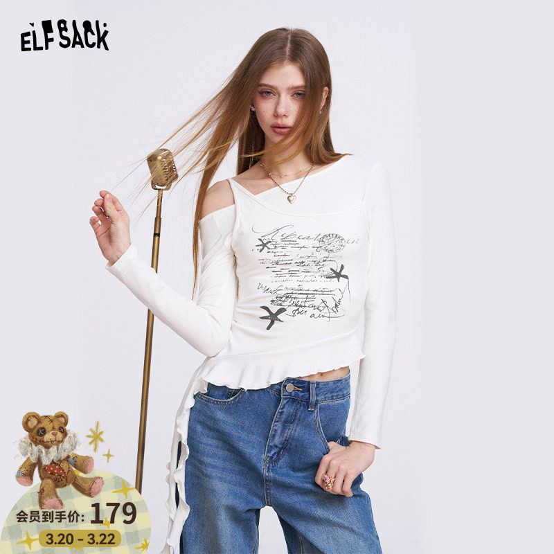 妖精的口袋假两件印花露肩长袖t恤女2026夏季新款设计感修身上衣