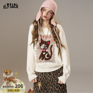 妖精 绵羊毛复古 口袋可爱邮票猫咪提花新年毛衣女2026年秋冬新款