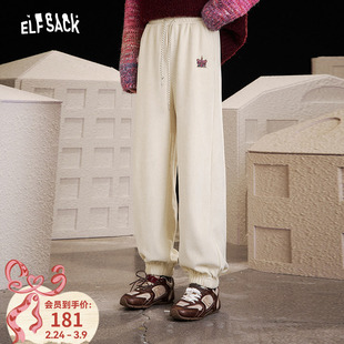 妖精的口袋白色印花休闲卫裤女2025年秋冬新款慵懒风休闲萝卜裤子