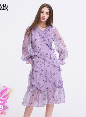 妖精的口袋荷叶边拼接紫色波点长袖连衣裙女2026春夏新款甜美裙子