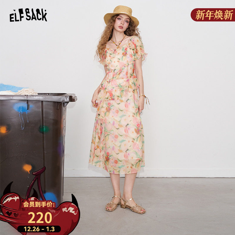 妖精的口袋碎花方领连衣裙女2025年夏季新款度假风收腰绝美裙子