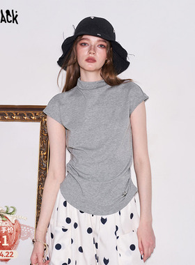 妖精的口袋灰色半高领抽褶短袖t恤女2026夏新款收腰显瘦内搭上衣