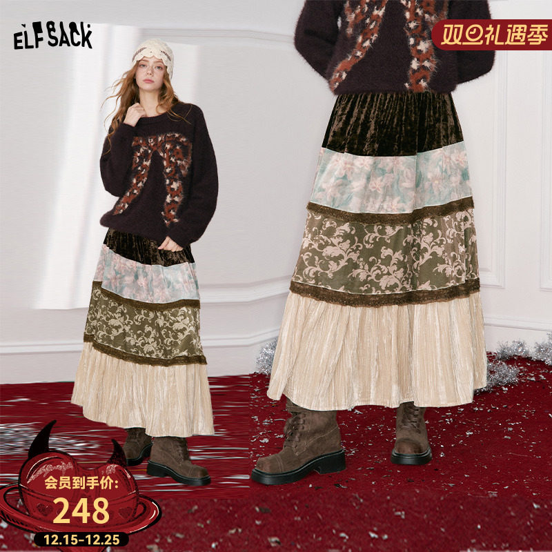 妖精的口袋复古宫廷风丝绒拼接半身裙女2025年冬季新款中长款裙子