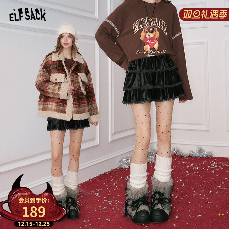 妖精的口袋黑色复古丝绒蕾丝半身裙女2025冬新款小个子蛋糕裙短裙