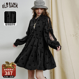 妖精的口袋樱桃黑色网纱连衣裙女2025年春季新款甜美小黑裙衬衫裙