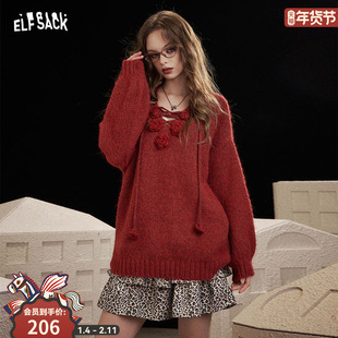 妖精的口袋红色立体玫瑰v领毛衣女2025冬新款慵懒高级感新年穿搭