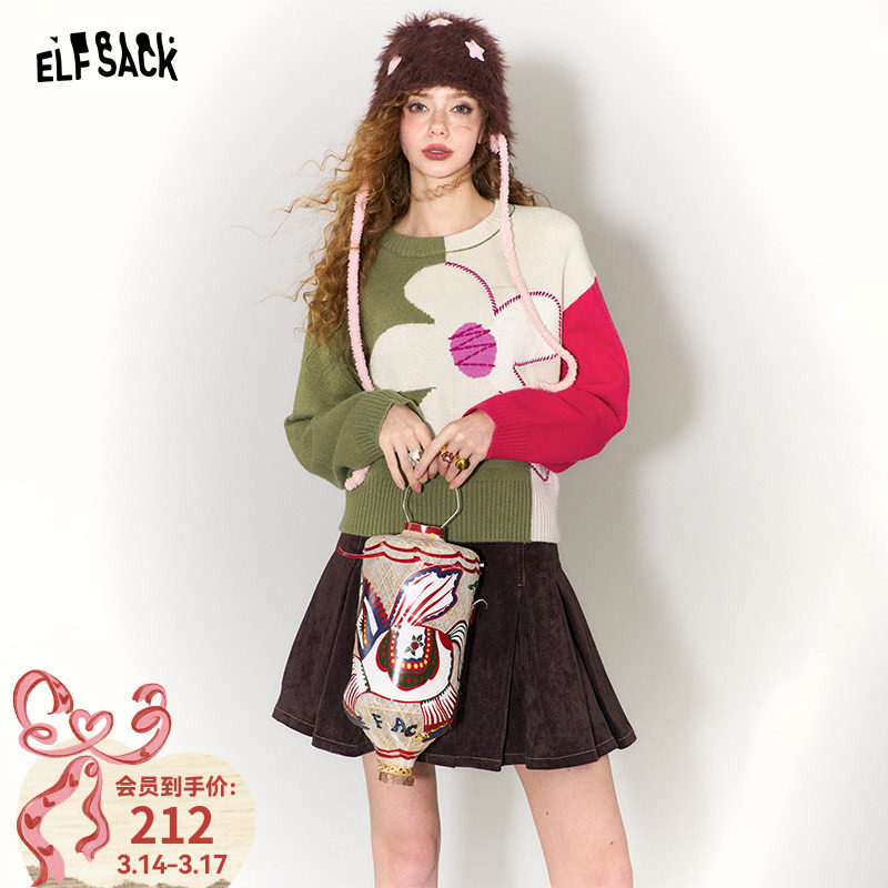 妖精的口袋花朵撞色套头毛衣女2026年春秋新款设计感甜美小个子