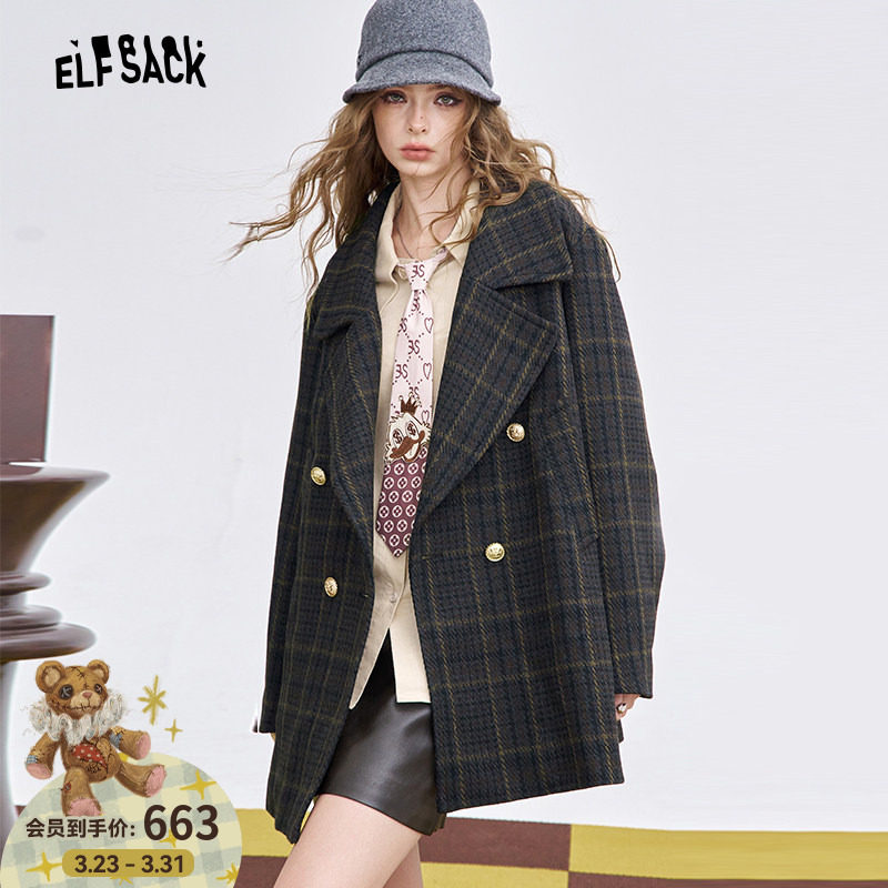妖精的口袋复古格纹大翻领毛呢外套女2025年冬季新款双排扣呢大衣
