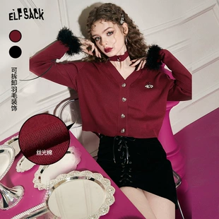 口袋可拆卸领圈红色短款 v领小个子 新款 妖精 针织开衫 女2023春季