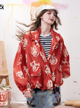 妖精的口袋花卉满印红色连帽工装外套女2026春夏新款户外穿搭夹克