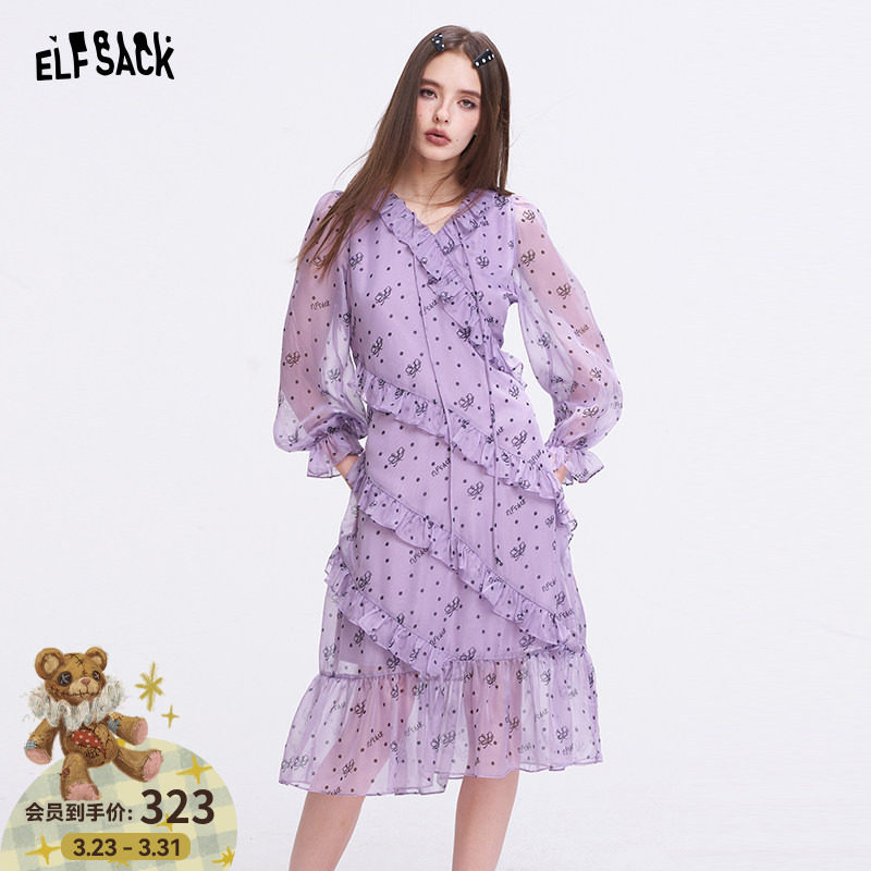 妖精的口袋荷叶边拼接紫色波点长袖连衣裙女2026春夏新款甜美裙子