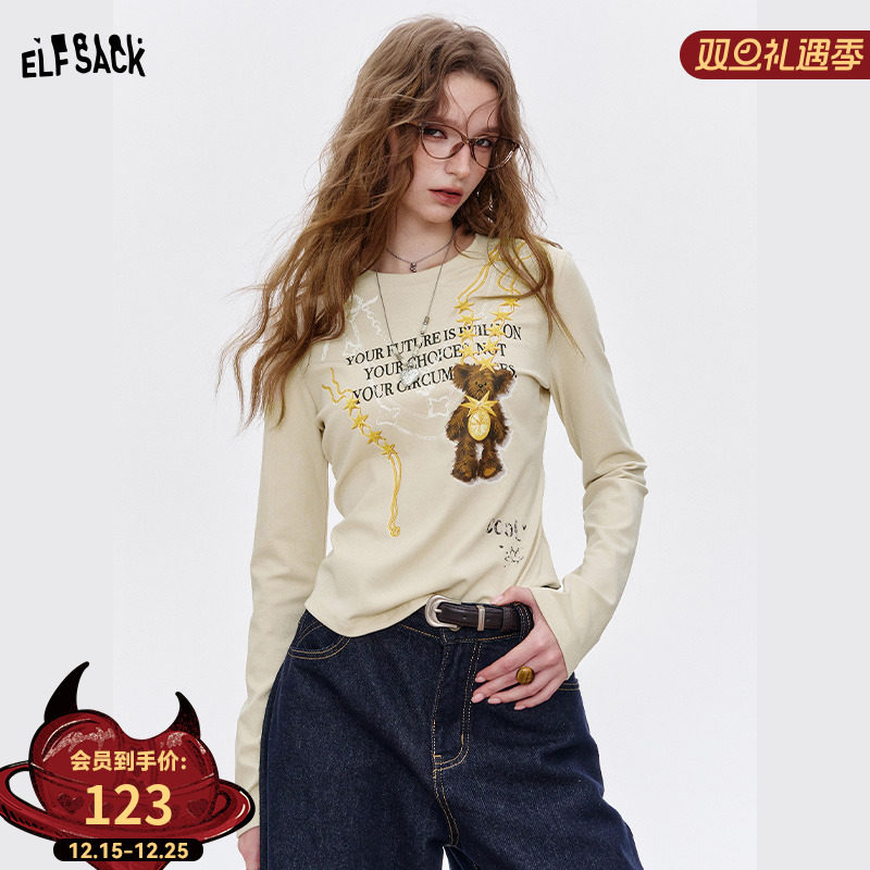 妖精的口袋复古印花长袖t恤女2025秋新款设计感修身显瘦内搭上衣