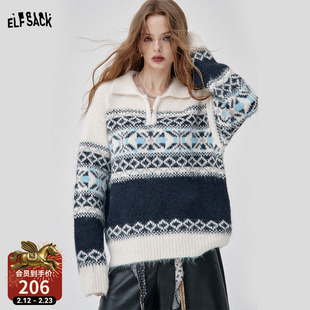 妖精的口袋复古翻领费尔岛毛衣女2025冬新款仿羊驼毛慵懒新年穿搭