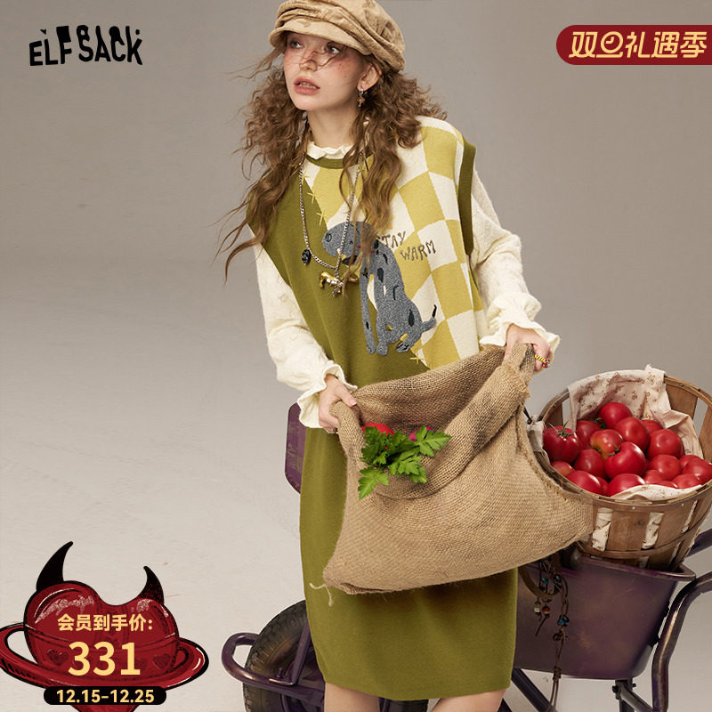 妖精的口袋趣味绣花假两件连衣裙女2025年秋冬新款宽松休闲裙子