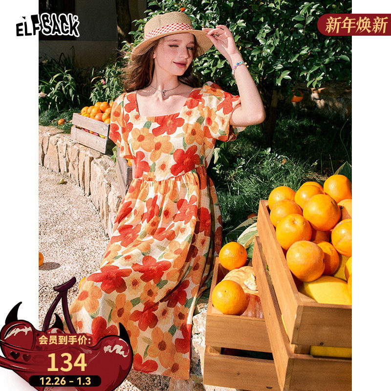 妖精的口袋法式方领碎花连衣裙女2025年夏新款泡泡袖收腰度假裙子