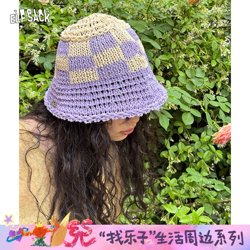 妖精的口袋撞色镂空格子渔夫帽2025新款显脸小甜美小清新百搭帽子