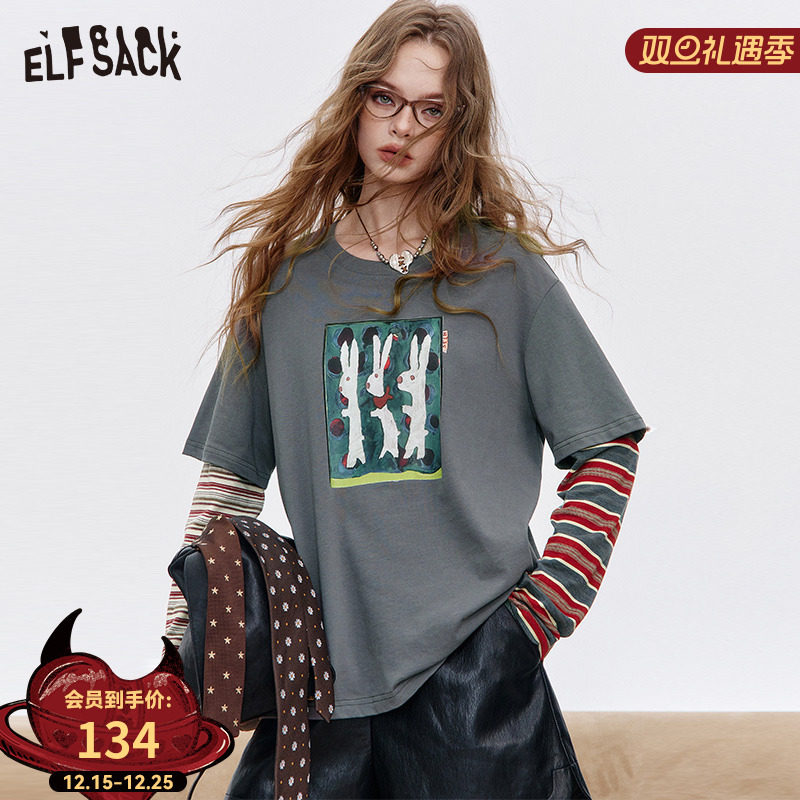 妖精的口袋假两件条纹拼接印花长袖t恤女2025秋季新款设计感上衣