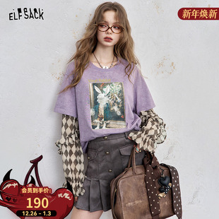 新款 t恤女2025年秋季 设计感上衣 口袋紫色雪纺拼接印花长袖 妖精